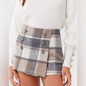 Grey and Brown Plaid Button-Detail Mini Asymmetrical Skort - Size S